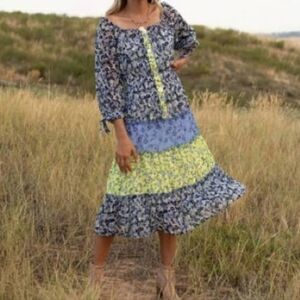 Figueroa & Flower Bohemian Blue Yellow Tiered Patterned Midi Dress NWT Size XL